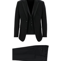 Siyah 7 Drop Slim Fit Dar Kesim Mono Yaka Yelekli Smokin & Damatlık