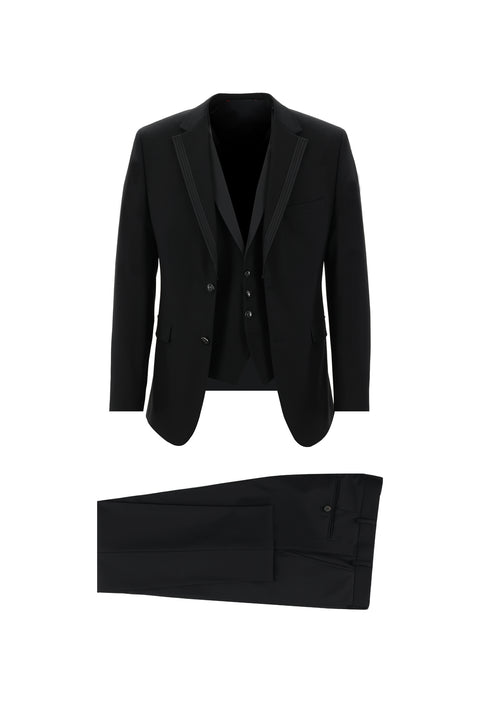 Siyah 7 Drop Slim Fit Dar Kesim Mono Yaka Yelekli Smokin & Damatlık
