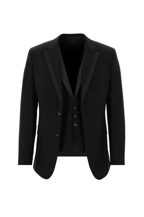 Siyah 7 Drop Slim Fit Dar Kesim Mono Yaka Yelekli Smokin & Damatlık