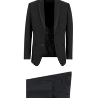 Siyah 7 Drop Slim Fit Dar Kesim Mono Yaka Yelekli Smokin & Damatlık