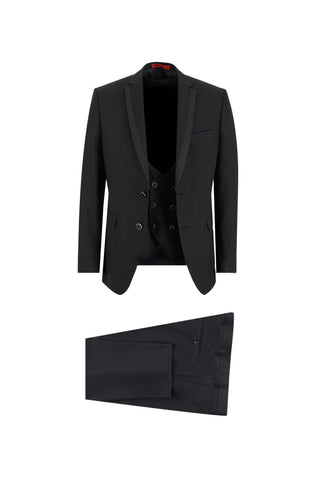  Siyah 7 Drop Slim Fit Dar Kesim Mono Yaka Yelekli Smokin & Damatlık