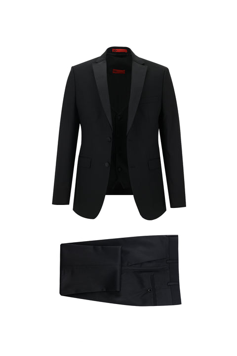 Siyah 7 Drop Slim Fit Dar Kesim Mono Yaka Yelekli Smokin & Damatlık