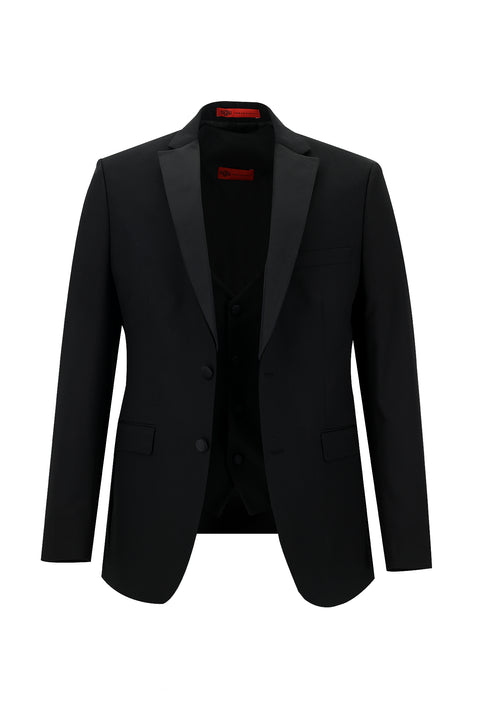 Siyah 7 Drop Slim Fit Dar Kesim Mono Yaka Yelekli Smokin & Damatlık