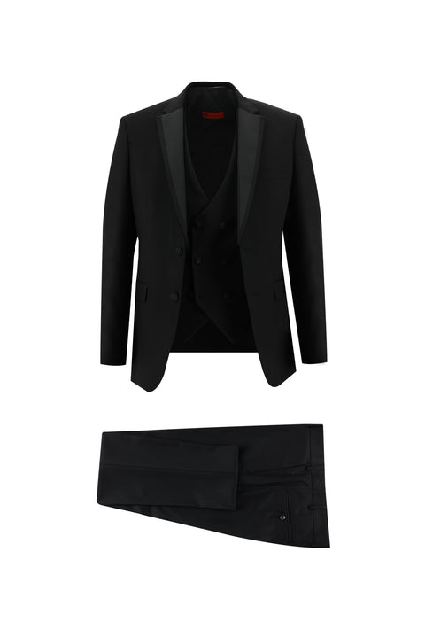 Siyah 7 Drop Slim Fit Dar Kesim Mono Yaka Smokin & Damatlık
