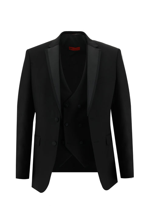 Siyah 7 Drop Slim Fit Dar Kesim Mono Yaka Smokin & Damatlık