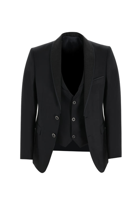 Siyah 7 Drop Slim Fit Dar Kesim Şal Yaka Yelekli Smokin & Damatlık