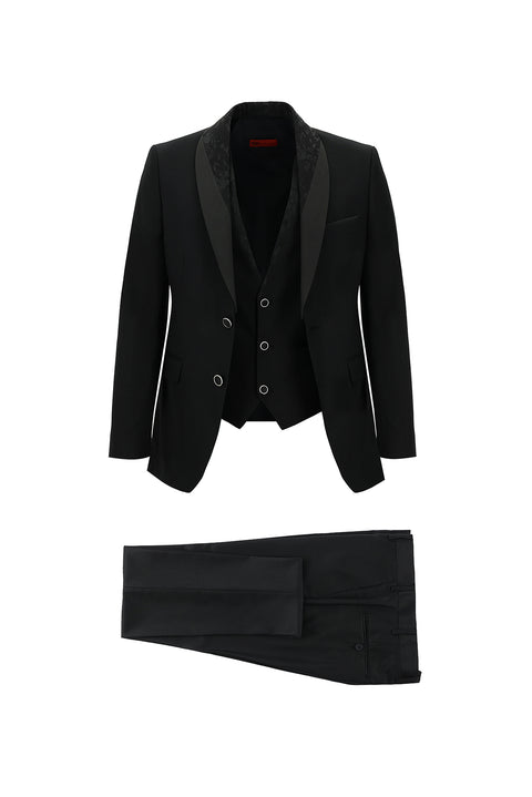 Black 7 Drop Slim Fit Narrow Cut Shawl Collar Vest Tuxedo & Groom Suit