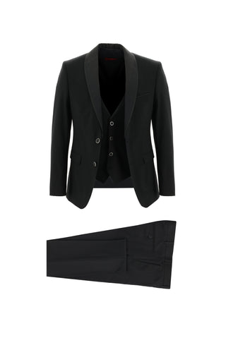  Siyah 7 Drop Slim Fit Dar Kesim Şal Yaka Yelekli Smokin & Damatlık