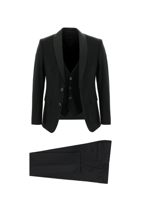 Siyah 7 Drop Slim Fit Dar Kesim Şal Yaka Yelekli Smokin & Damatlık