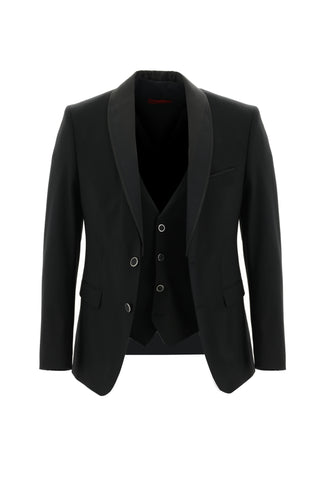  Siyah 7 Drop Slim Fit Dar Kesim Şal Yaka Yelekli Smokin & Damatlık