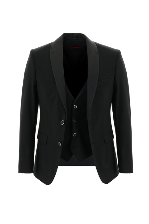 Siyah 7 Drop Slim Fit Dar Kesim Şal Yaka Yelekli Smokin & Damatlık