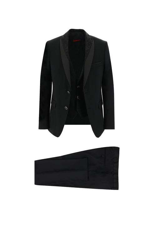 Siyah 7 Drop Slim Fit Dar Kesim Şal Yaka Yelekli Smokin & Damatlık
