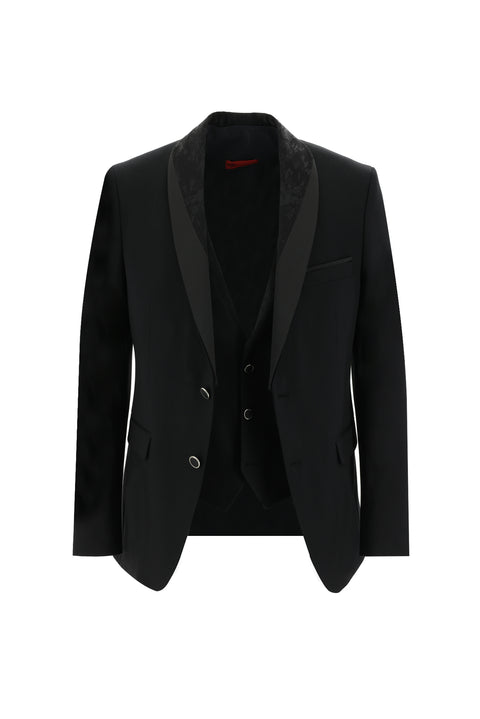Siyah 7 Drop Slim Fit Dar Kesim Şal Yaka Yelekli Smokin & Damatlık