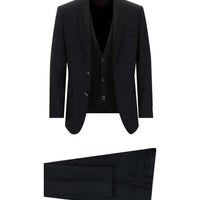 Siyah 7 Drop Slim Fit Dar Kesim Şal Yaka Yelekli Smokin & Damatlık