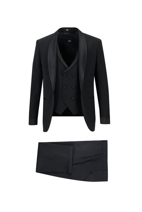 Black 7 Drop Super Slim Fit Extra Narrow Cut Shawl Collar Vest Tuxedo & Groom Suit