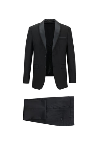  Siyah 7 Drop Slim Fit Dar Kesim Şal Yaka Yelekli Smokin & Damatlık
