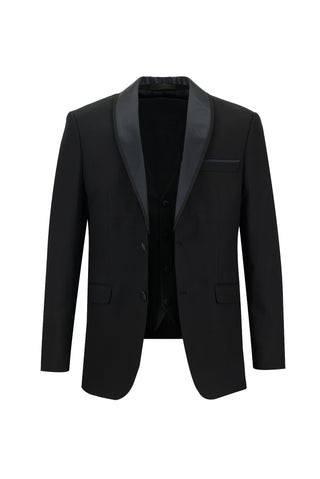  Siyah 7 Drop Slim Fit Dar Kesim Şal Yaka Yelekli Smokin & Damatlık