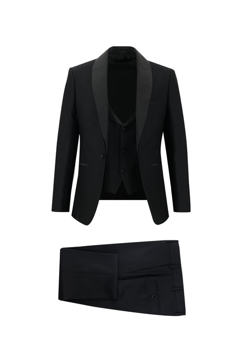 Black 7 Drop Slim Fit Narrow Cut Shawl Collar Tuxedo & Groom Suit