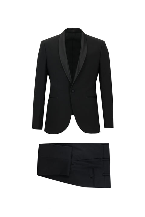 Siyah 7 Drop Slim Fit Dar Kesim Şal Yaka Yünlü Smokin & Damatlık