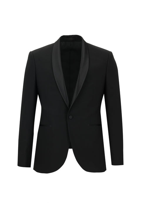 Siyah 7 Drop Slim Fit Dar Kesim Şal Yaka Yünlü Smokin & Damatlık