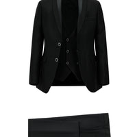 Siyah 7 Drop Slim Fit Dar Kesim Sivri Yaka Yelekli Smokin & Damatlık