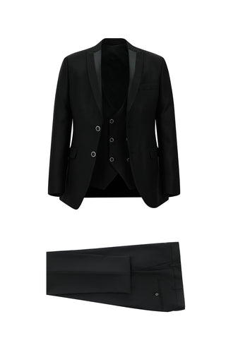  Siyah 7 Drop Slim Fit Dar Kesim Sivri Yaka Yelekli Smokin & Damatlık