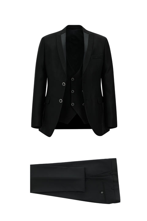 Siyah 7 Drop Slim Fit Dar Kesim Sivri Yaka Yelekli Smokin & Damatlık