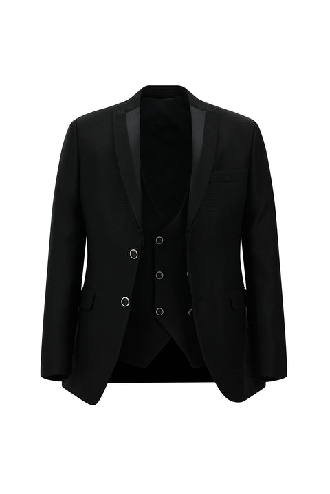 Siyah 7 Drop Slim Fit Dar Kesim Sivri Yaka Yelekli Smokin & Damatlık