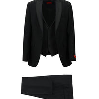 Siyah 7 Drop Slim Fit Dar Kesim Sivri Yaka Yelekli Smokin & Damatlık