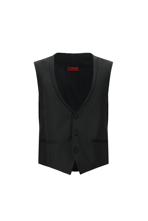 Siyah 7 Drop Slim Fit Dar Kesim Sivri Yaka Yelekli Smokin & Damatlık