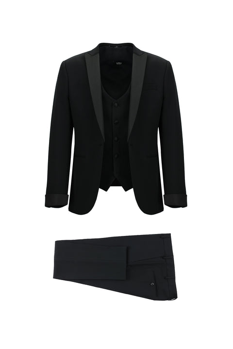 Black 7 Drop Super Slim Fit Extra Narrow Cut Pointed Collar Vest Tuxedo & Groom Suit