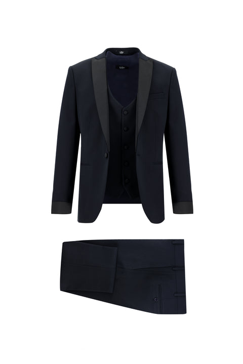 Dark Navy 7-Drop Super Slim Fit Extra Narrow Cut Pointed Lapel Vest Tuxedo & Groom Suit