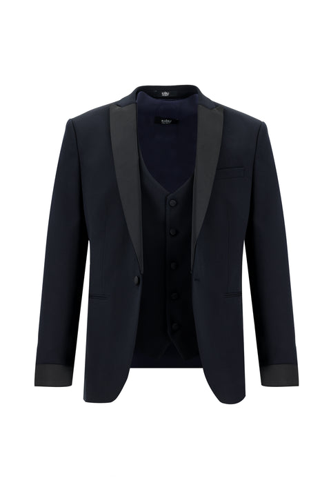 Dark Navy 7-Drop Super Slim Fit Extra Narrow Cut Pointed Lapel Vest Tuxedo & Groom Suit
