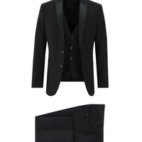 Siyah 7 Drop Slim Fit Dar Kesim Sivri Yaka Yelekli Smokin & Damatlık