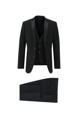  Siyah 7 Drop Slim Fit Dar Kesim Sivri Yaka Yelekli Smokin & Damatlık