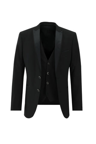  Siyah 7 Drop Slim Fit Dar Kesim Sivri Yaka Yelekli Smokin & Damatlık