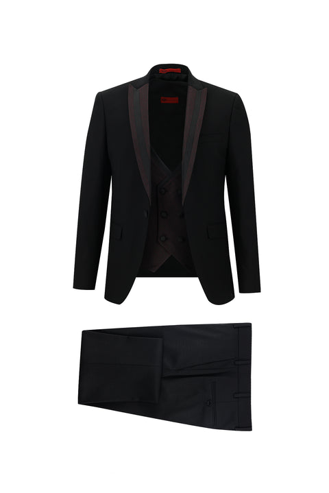 Siyah 7 Drop Slim Fit Dar Kesim Sivri Yaka Yelekli Smokin & Damatlık