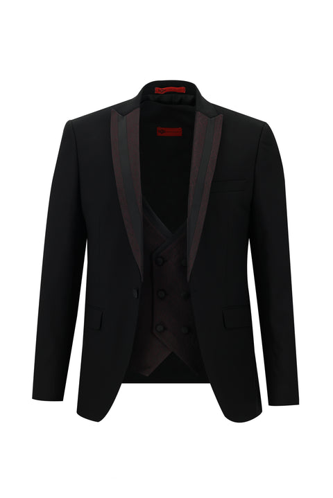 Siyah 7 Drop Slim Fit Dar Kesim Sivri Yaka Yelekli Smokin & Damatlık
