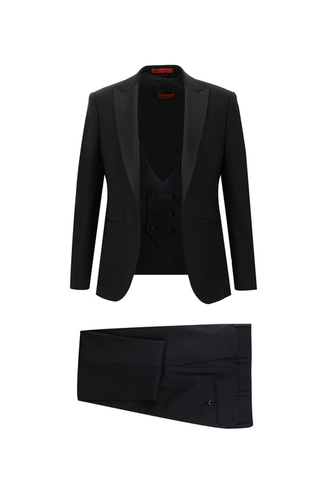 Black 7 Drop Slim Fit Narrow Cut Pointed Collar Vest Wool Tuxedo & Groom Suit