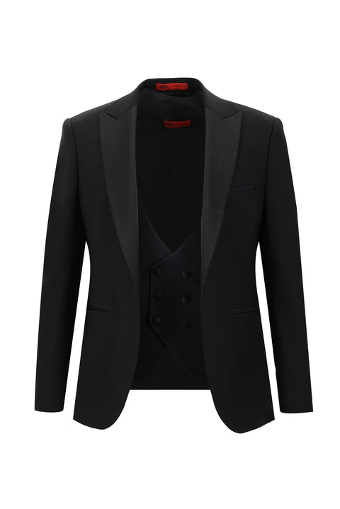 Black 7 Drop Slim Fit Narrow Cut Pointed Collar Vest Wool Tuxedo & Groom Suit