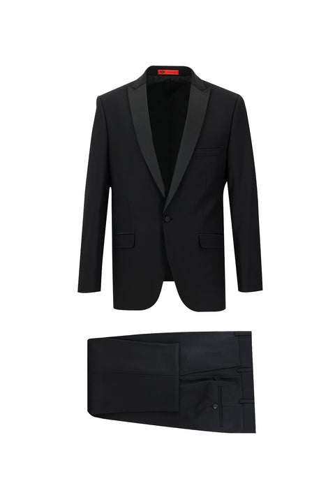 Black 6 Drop Regular Fit Standard Cut Peak Lapel Wool Tuxedo & Groom Suit