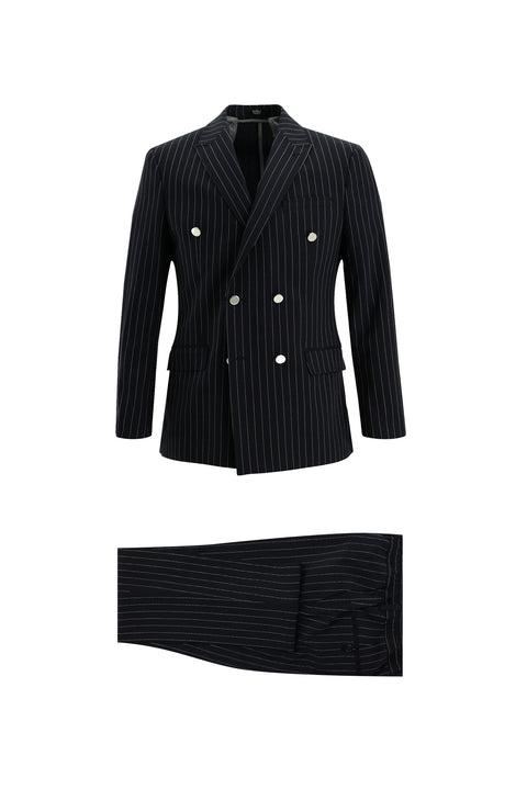 Dark Navy 7 Drop Super Slim Fit Extra Narrow Cut Double-Breasted Striped Suit