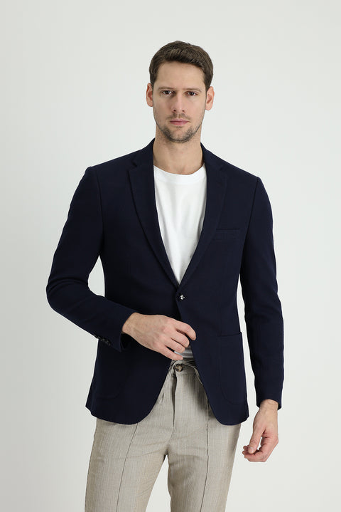 Dark Navy 7 Drop Slim Fit Patterned Cotton Sport Jacket