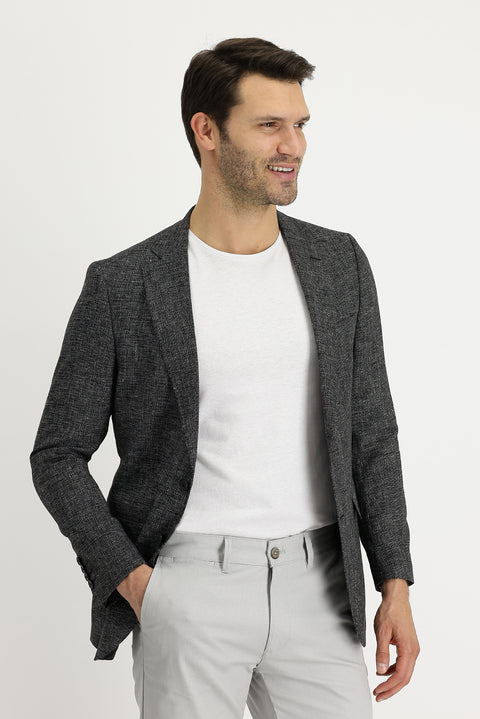 Black 6 Drop Regular Fit Standard Cut Patterned Linen Blend Jacket