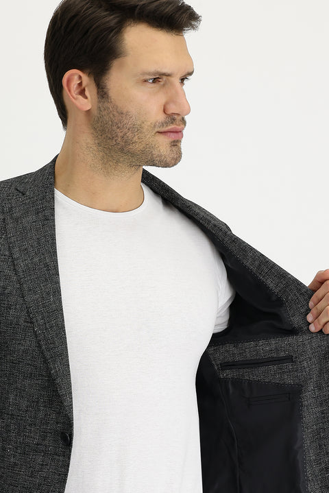 Black 6 Drop Regular Fit Standard Cut Patterned Linen Blend Jacket