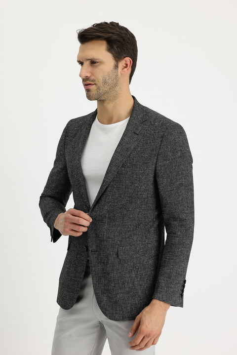 Black 6 Drop Regular Fit Standard Cut Patterned Linen Blend Jacket