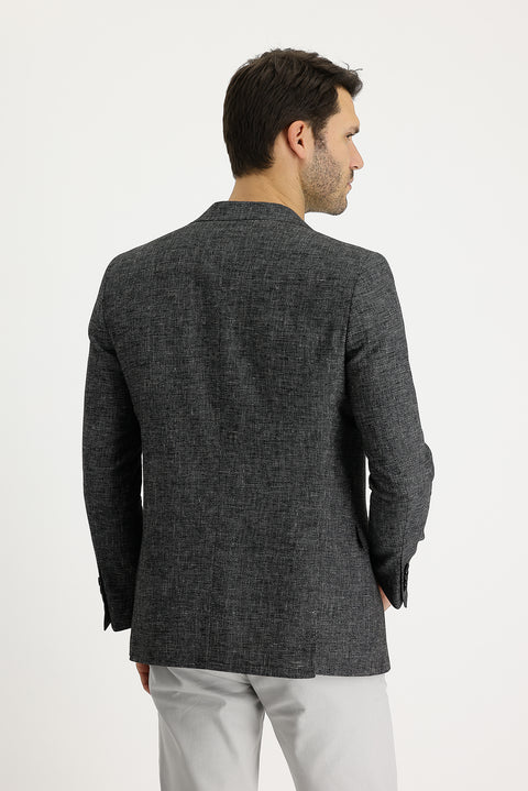 Black 6 Drop Regular Fit Standard Cut Patterned Linen Blend Jacket