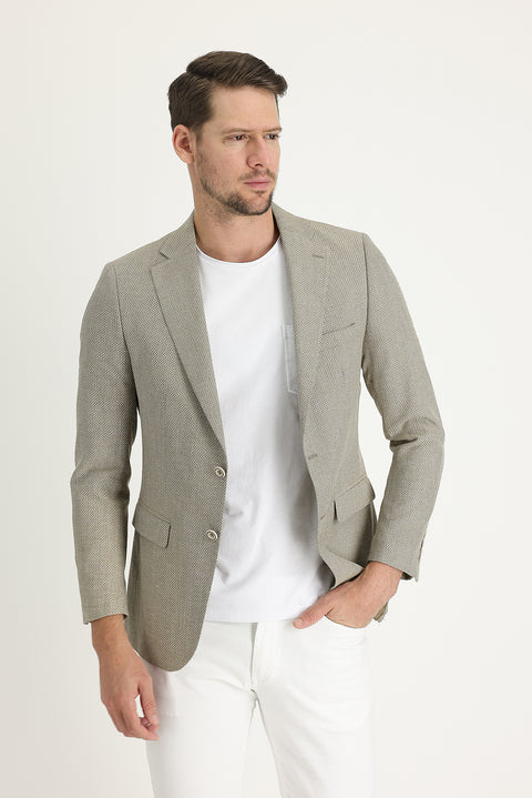 Dark Beige 6 Drop Regular Fit Patterned Linen Blend Jacket
