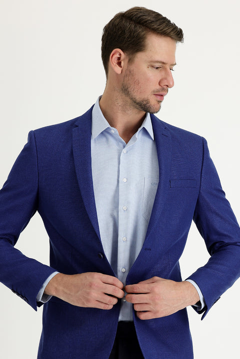 Dark Blue 7 Drop Super Slim Fit Extra Narrow Cut Classic Patterned Wool Linen Blend Jacket
