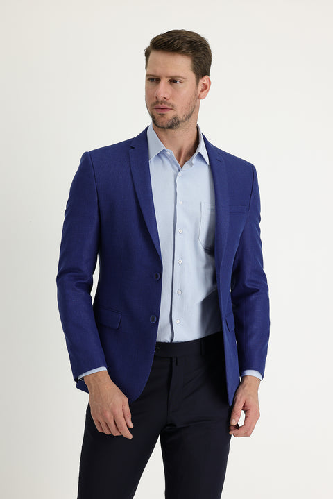 Dark Blue 7 Drop Super Slim Fit Extra Narrow Cut Classic Patterned Wool Linen Blend Jacket